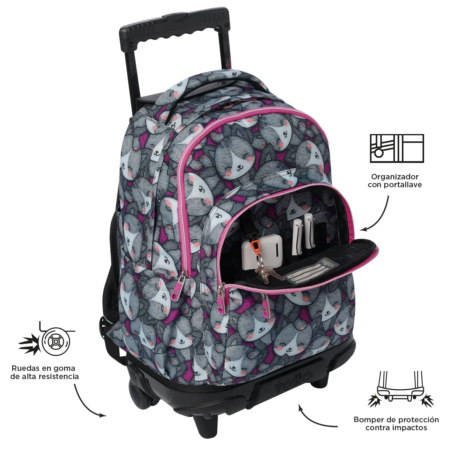 Pack escolar Kitten Rose - Mochila con ruedas + Estuche 3 compartimentos - Image 8
