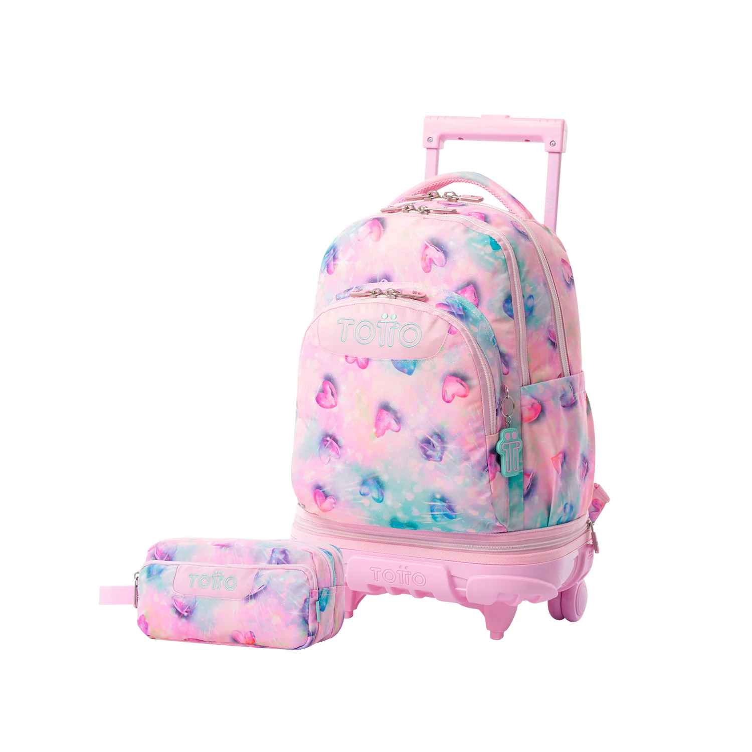 Pack escolar Shiny Heart - Mochila con ruedas desmontable + Estuche 3 compartimentos