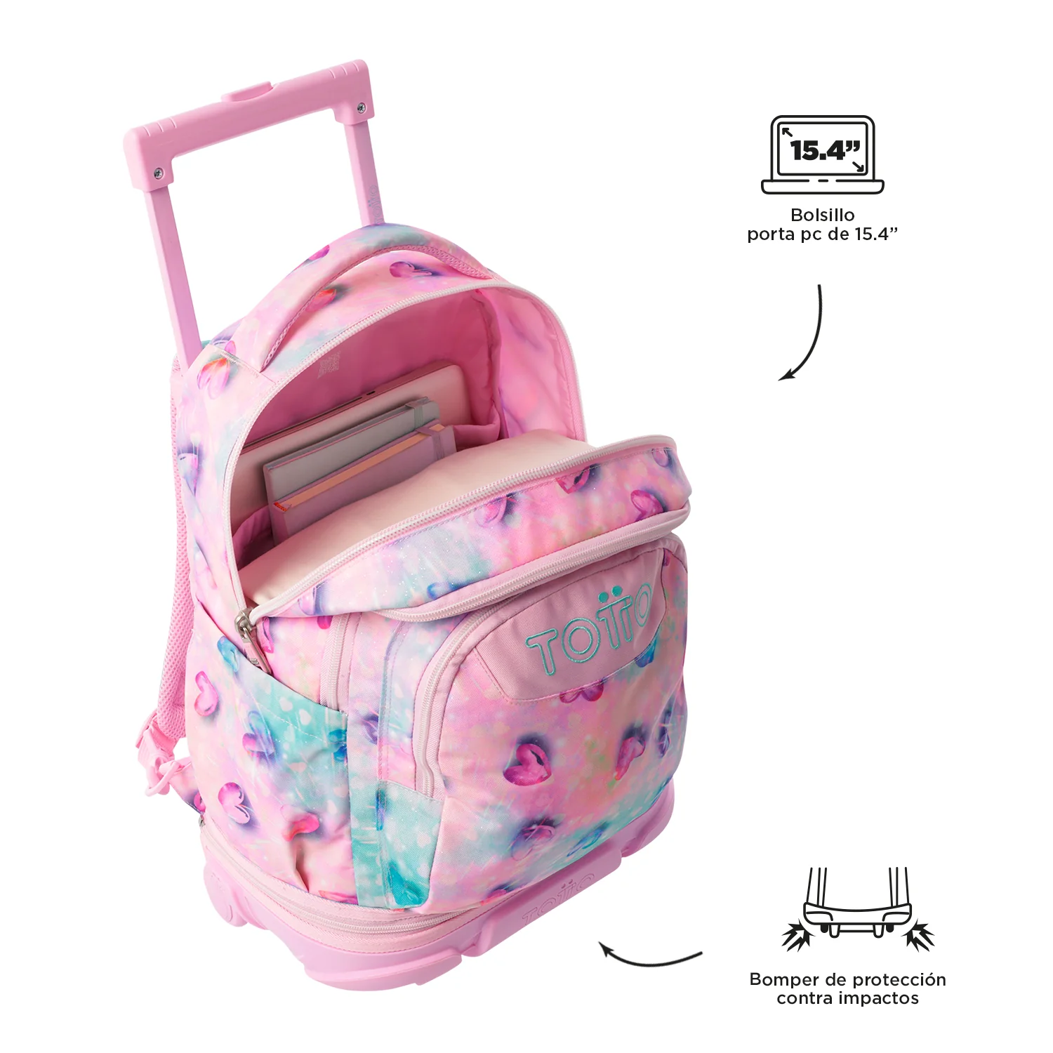 Pack escolar Shiny Heart - Mochila con ruedas desmontable + Estuche 3 compartimentos - Image 13