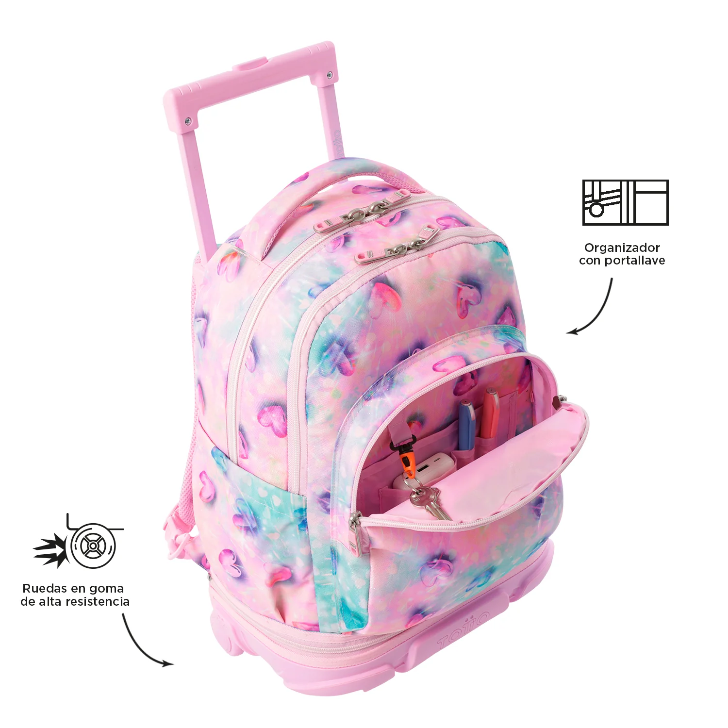 Pack escolar Shiny Heart - Mochila con ruedas desmontable + Estuche 3 compartimentos - Image 14