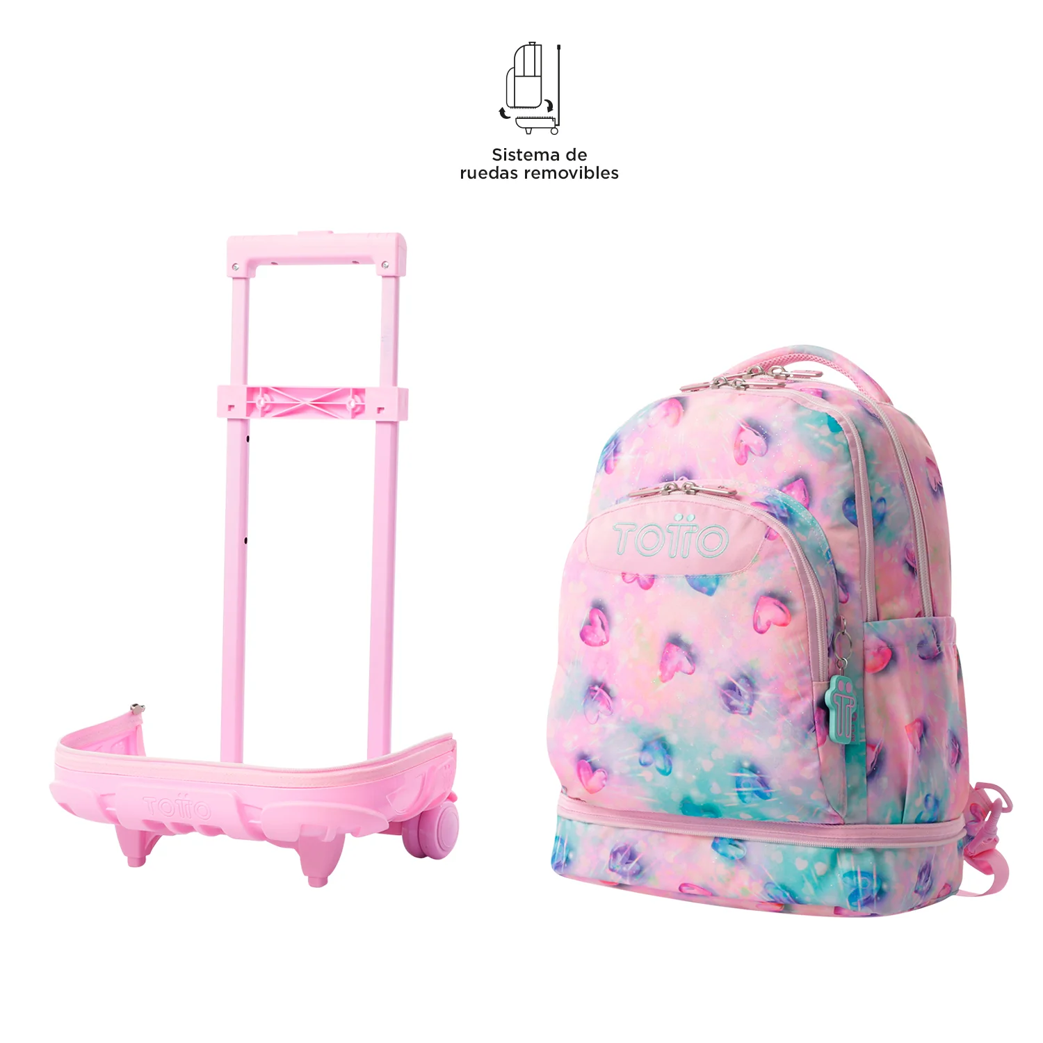 Pack escolar Shiny Heart - Mochila con ruedas desmontable + Estuche 3 compartimentos - Image 2