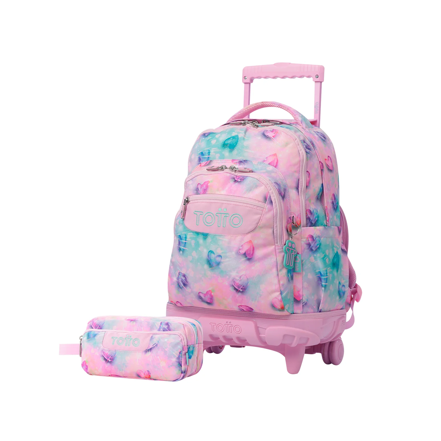 Pack escolar Shiny Heart - Mochila con ruedas + Estuche 3 compartimentos