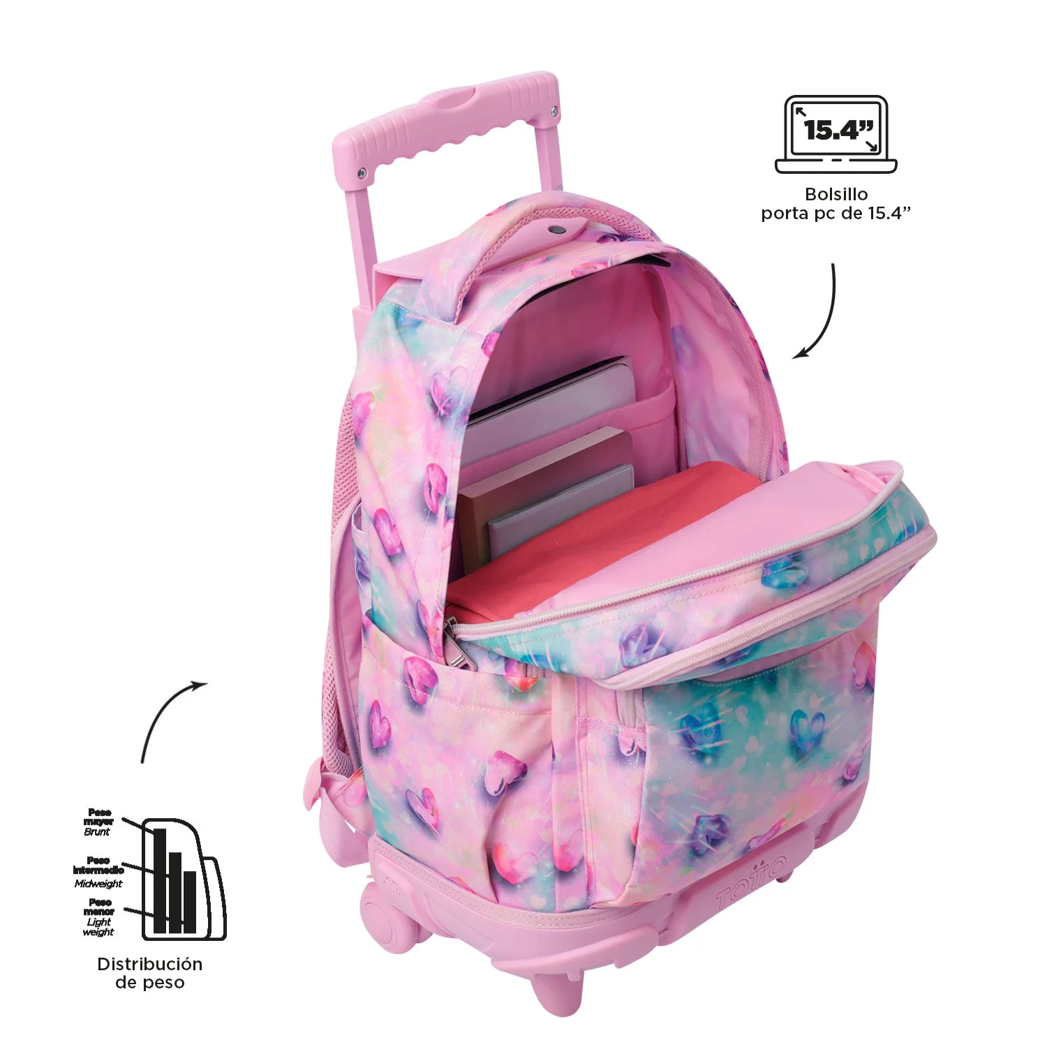 Pack escolar Shiny Heart - Mochila con ruedas + Estuche 3 compartimentos - Image 8