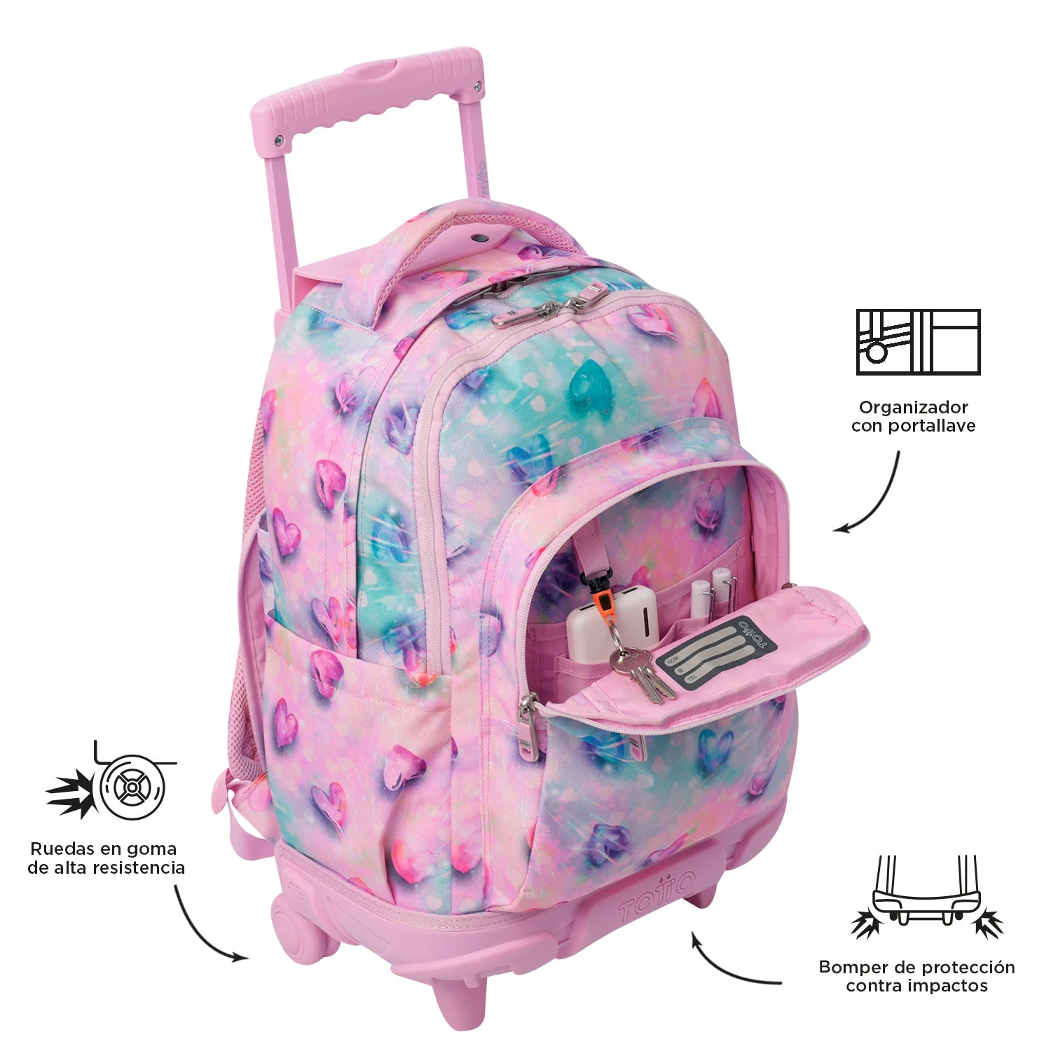Pack escolar Shiny Heart - Mochila con ruedas + Estuche 3 compartimentos - Image 9